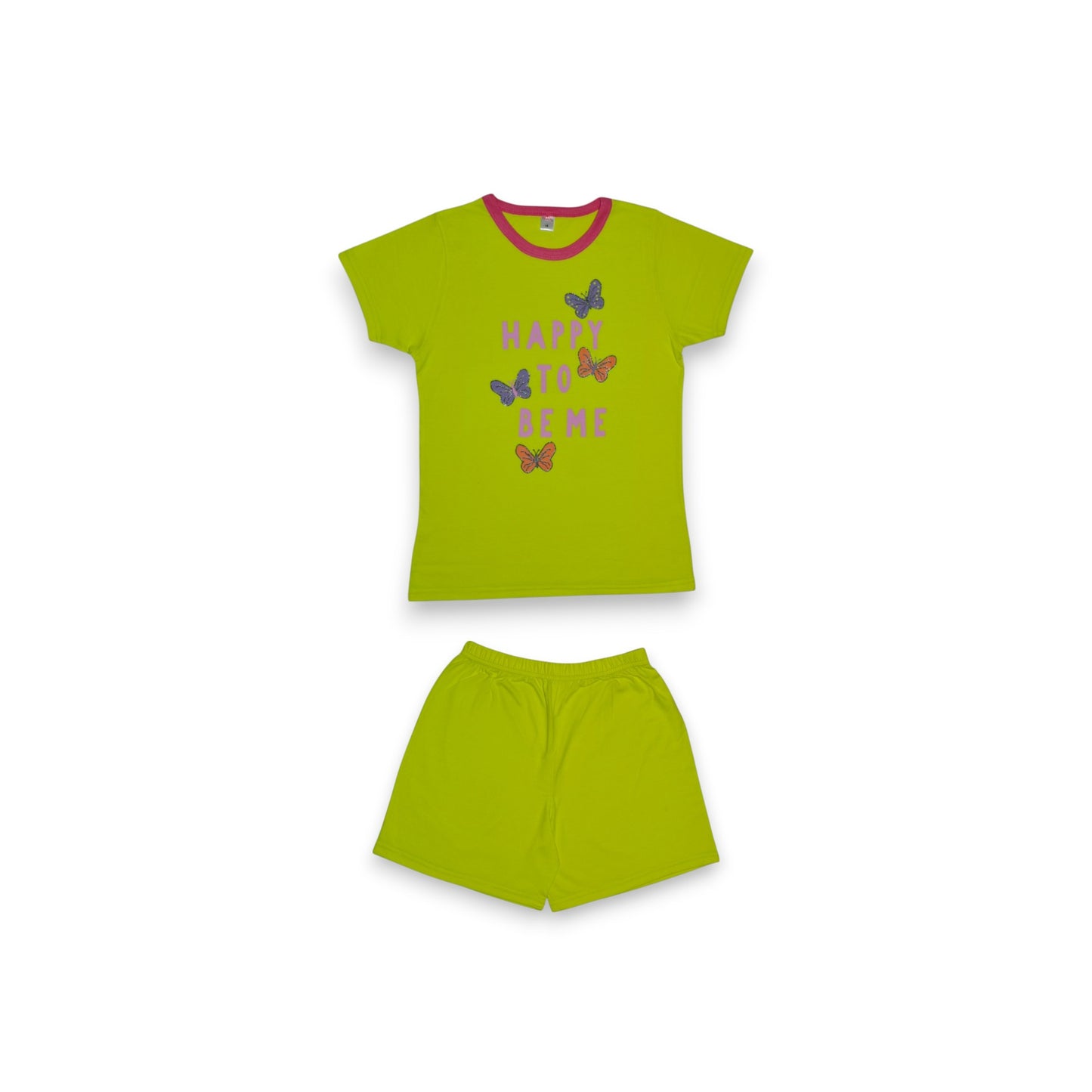 Pijama Manga Corta Verde Limón Estampado "Happy to be Me" para Niña