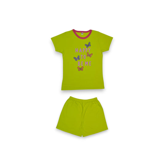 Pijama Manga Corta Verde Limón Estampado "Happy to be Me" para Niña