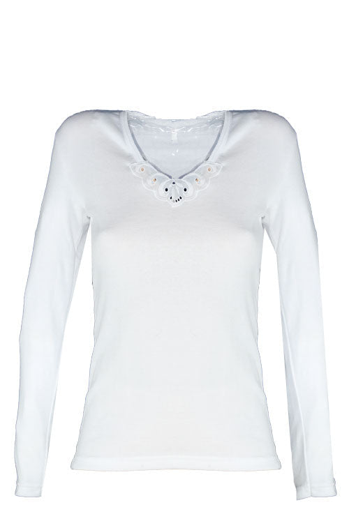 Camiseta Cuello en V con Aplicación Manga Larga Mujer